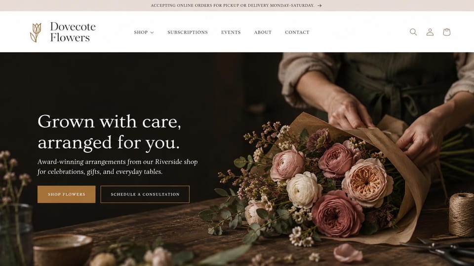 Florist website design, flower shop with hands wrapping a bouquet: dark photo of hands wrapping roses in brown paper, white serif headline, gold shop button and outlined consultation button