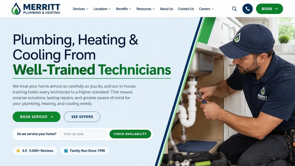 Plumbing website design, plumbing, heating and cooling with a ZIP code check: pale blue page, navy and green headline, a green book service button and a ZIP code box, a plumber fixing a sink drain behind a diagonal edge