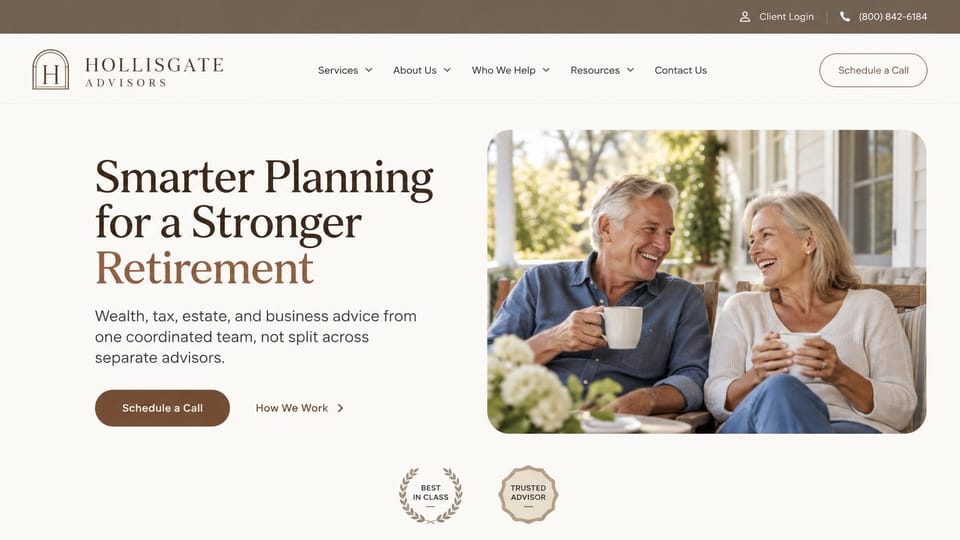 Financial advisor website design, retirement planning on a sunny porch: ivory page, dark brown serif headline, brown schedule button and a laughing older couple with mugs on a porch