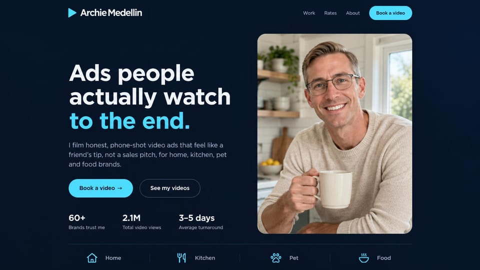 UGC portfolio website design, video ads on navy with category icons: dark navy page, white and cyan headline, cyan buttons, a smiling man with glasses holding a mug, four category icons