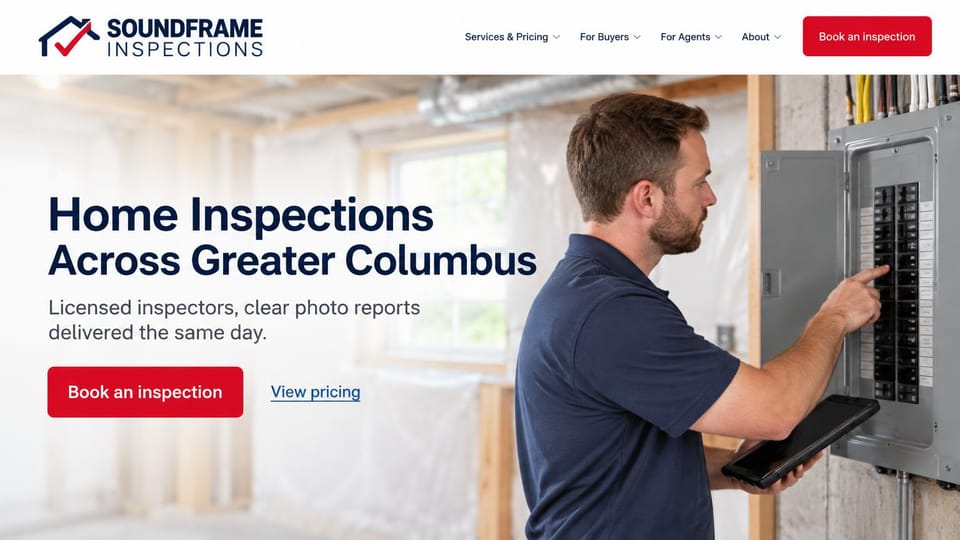 Home inspector website design, metro inspection company at the electrical panel: white header with a red booking button, a light basement photo of an inspector testing an electrical panel with a tablet, a navy headline, a red booking button and a pricing link