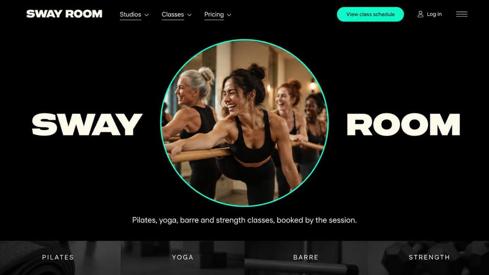 Fitness website design, multi-class studio with a circle photo: black page, a barre class in a mint-ringed circle between giant white words, four class tiles below