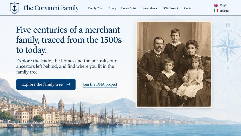 Genealogy website design, merchant family with a DNA project: pale blue page, navy serif headline, a navy tree button and DNA link, a sepia family portrait, a watercolor harbor with tall ships and a compass