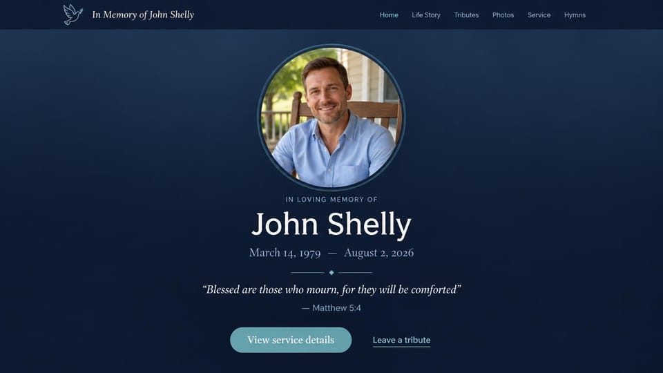 Memorial website design, faith-centered memorial in navy: dark navy page, a circular portrait above a centered name and dates, an italic Bible verse and a teal button