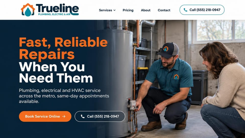 Contractor website design, plumbing, electrical and HVAC in navy and orange: navy panel with an orange and white headline beside a technician and homeowner at a water heater
