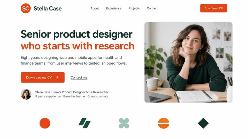 Resume website design, research-led product designer with a row of client marks: white page, a large dark green and orange headline, an orange download CV button, a photo of a smiling woman at a desk with a notebook and five simple colored marks below