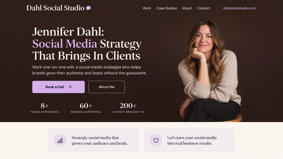 Marketing portfolio website design, social media strategist in brown and lavender: dark chocolate brown with lavender accents, a cream serif headline, a seated woman in a knit sweater and a row of stats
