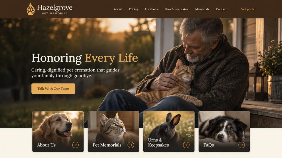Funeral home website design, pet cremation and memorials: dark brown header, a warm photo of a bearded man cradling a cat on a porch, a serif headline in white and gold, a gold button and four cards with pet photos
