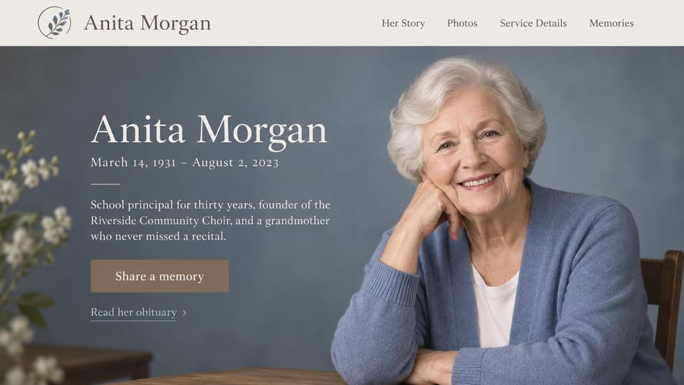 Memorial website design, grandmother's tribute with her life in one sentence: slate blue backdrop, a white serif name and dates beside a portrait of a smiling white-haired woman in a blue cardigan, a brown button