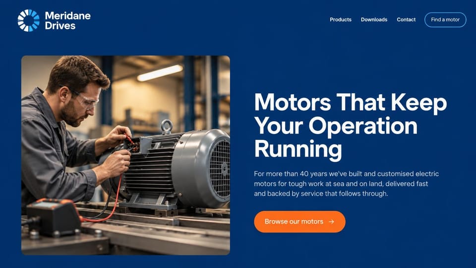 Manufacturing website design, electric motor maker with a framed workshop photo: royal blue page, a framed photo of a technician in safety glasses wiring a large gray electric motor, a white headline and an orange button