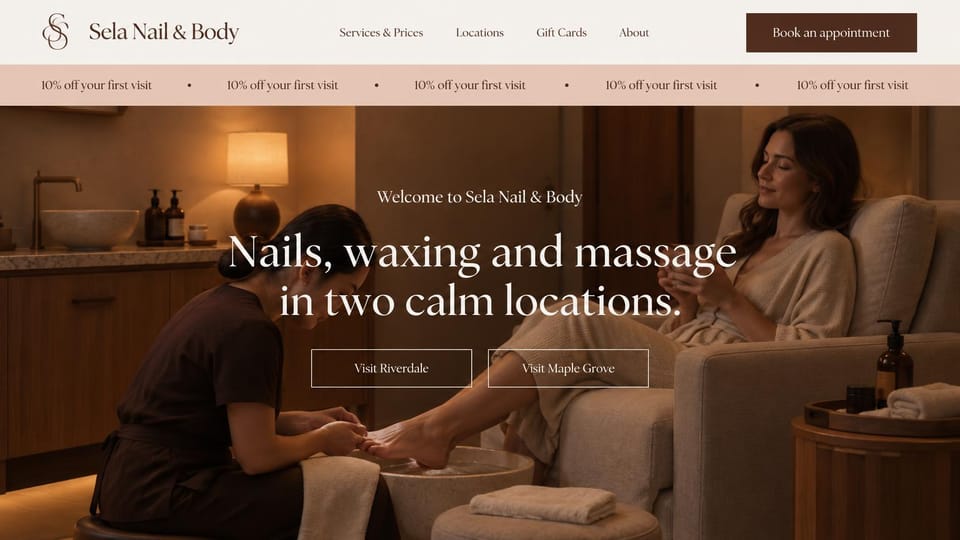 Salon website design, nail and body salon with two locations: warm brown, a pedicure in a softly lit lounge, centered serif headline and two outlined location buttons