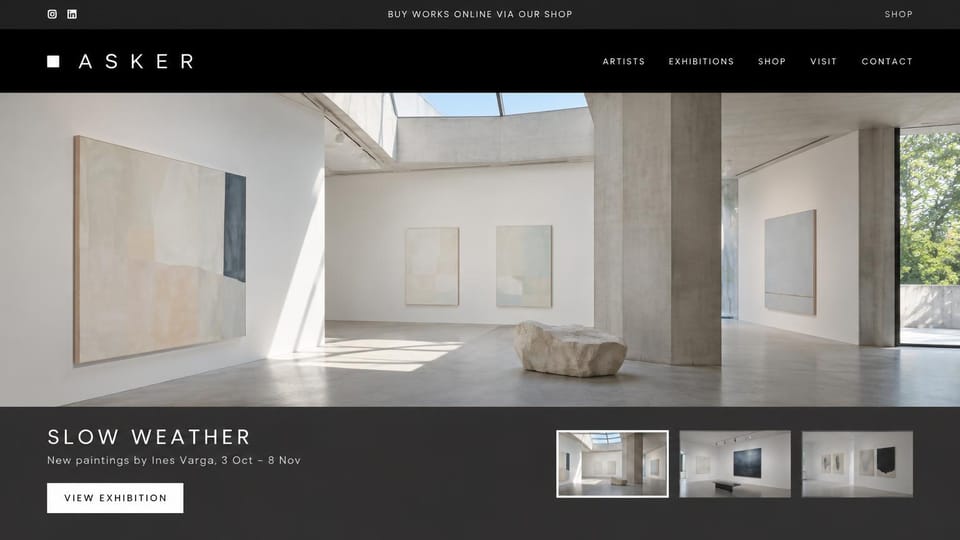 Art gallery website design, contemporary gallery that sells work online: black header with a spaced wordmark, a skylit concrete gallery with pale abstract paintings and a stone bench, a charcoal panel with the show title and three thumbnails