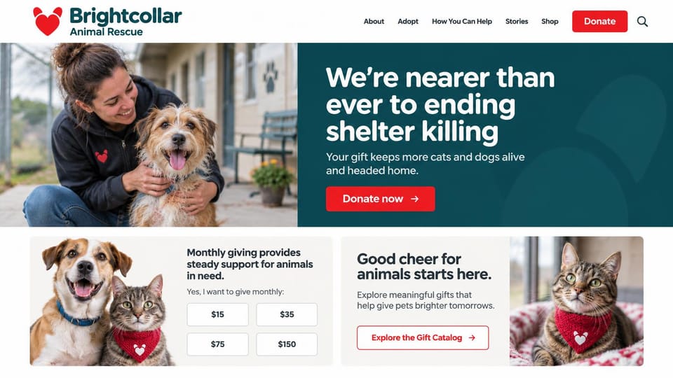 Nonprofit website design, animal rescue with monthly giving built in: deep teal panel beside a woman hugging a dog, red donate button, cat and dog photo cards below