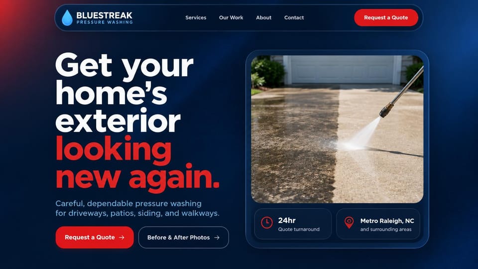 Pressure washing website design, bold red and white driveway cleaning: dark blue page, a huge white and red stacked headline, a framed photo of a pressure washer clearing a driveway, small info cards beneath it