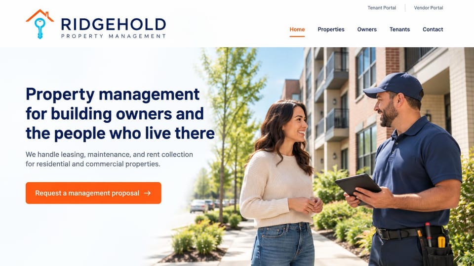 Property management website design, residential and commercial management with a maintenance tech: white page, an orange roof and blue key logo, a navy headline, an orange proposal button and a technician with a tablet talking with a resident