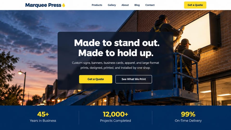 Printing website design, sign shop with installers at dusk: white header with a yellow quote button, a dusk photo of two installers mounting a sign from a lift, a navy text card, navy stats band