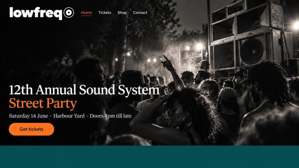 Event website design, street party with a sound system crowd: black-and-white photo of a crowd by stacked speakers, white and orange serif headline, orange ticket button, teal band