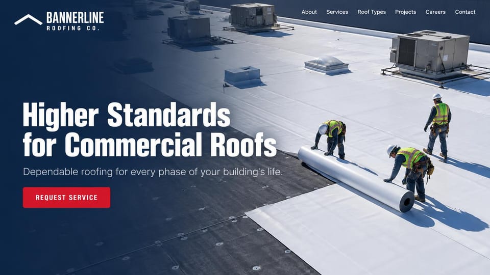Roofing website design, commercial roofing from above: navy gradient over an aerial view of workers rolling a white membrane across a flat roof, a large condensed white headline, a red button