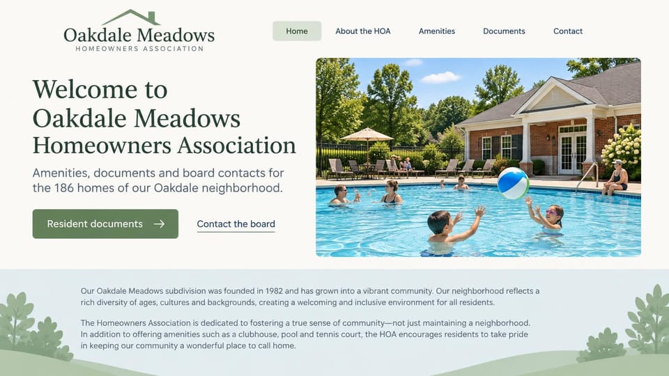 HOA website design, classic HOA with documents and the board up front: off-white page, a sage green serif headline, a sage documents button and a photo of families playing in a clubhouse pool