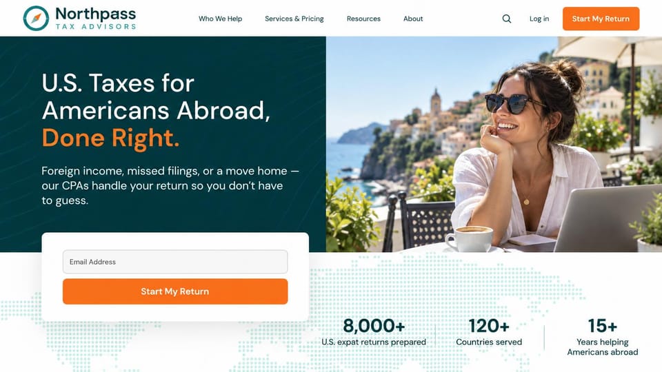 Accounting website design, expat tax returns with an email signup: white header, a dark teal panel with a white and orange headline, a woman at a seaside cafe, an email form and stats below