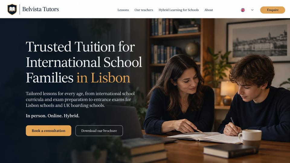 Tutoring website design, international school tutoring with a brochure: dark photo of a tutor and a teenage boy working at a desk in a book-lined room, a white serif headline with gold words, a gold consultation button and an outlined brochure button