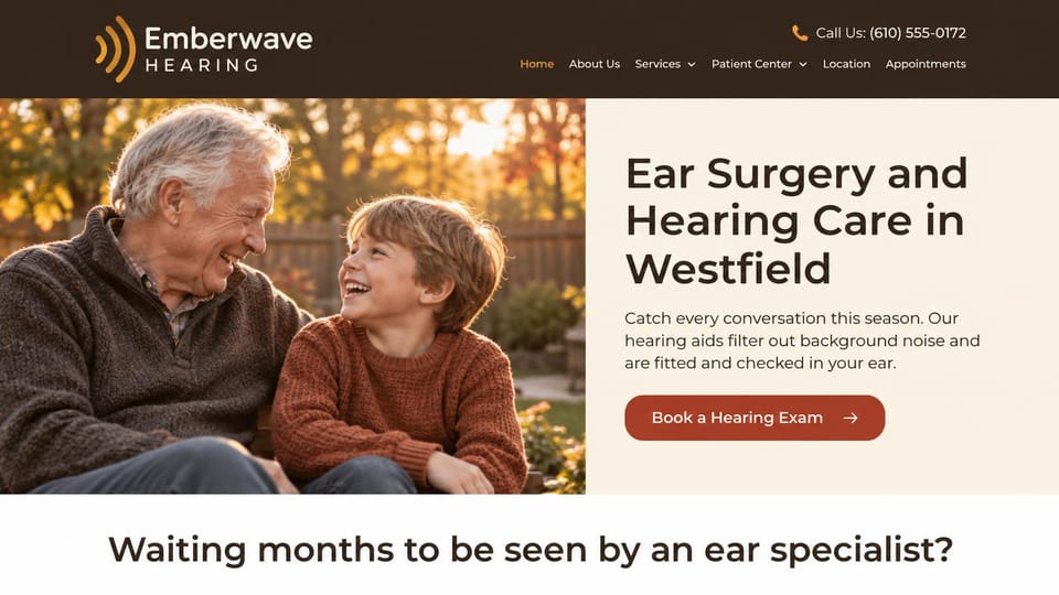 Medical practice website design, hearing care and ear surgery, warm and family-focused: dark brown header, a cream panel with a brown sans headline and rust button beside a grandfather and grandson laughing in an autumn garden