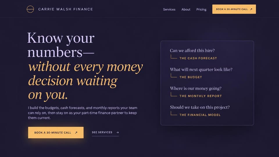 Consulting website design, part-time finance partner with a question card: deep purple page, a lavender and gold italic serif headline, a bordered card of questions and deliverables, gold buttons