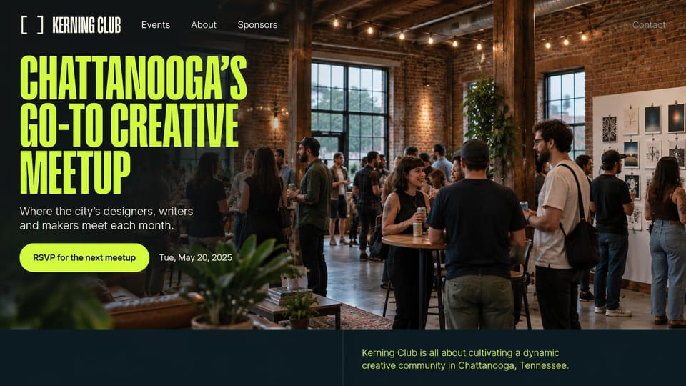 Event website design, creative meetup in a brick loft: dark photo of people mingling in a brick loft, lime condensed headline and lime RSVP button