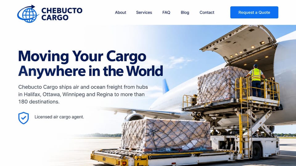 Logistics website design, air cargo forwarding beside a loading freighter: white page, navy headline, a scissor loader lifting netted pallets to a freighter's side door, a shield icon with a short line, blue quote button in the header