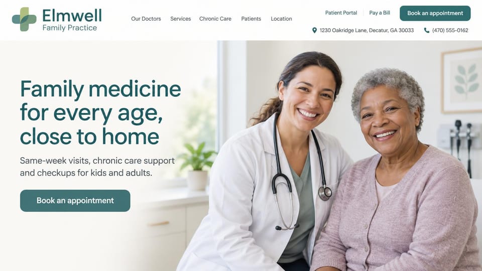 Medical practice website design, family practice with same-week visits: white page, a teal sans headline and teal book button beside a smiling doctor and an older woman sitting side by side