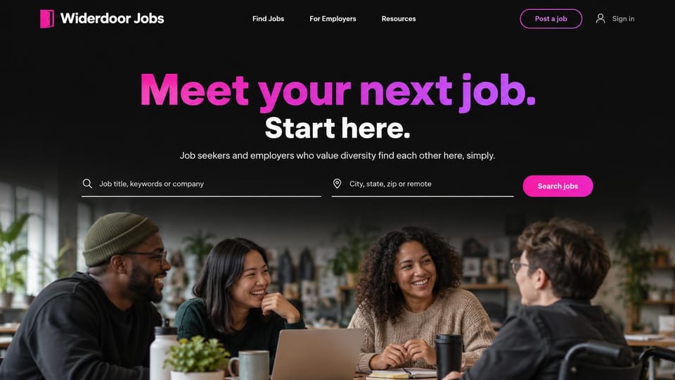 Recruiting website design, job board for diverse hiring: black page, a pink to purple gradient headline, a pink search button and a photo of four colleagues laughing at a table