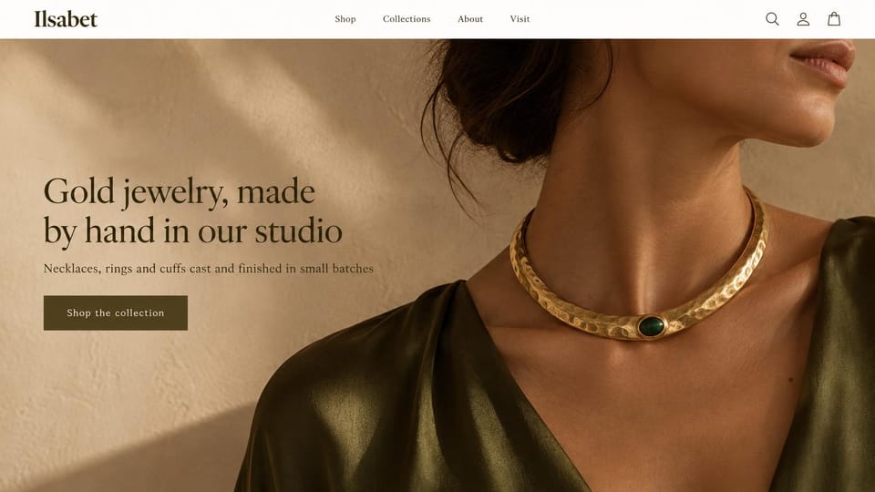 Jewelry website design, gold studio pieces with a statement collar close-up: warm sand wall, dark olive serif wordmark and headline, olive shop button, close-up of a woman in olive satin wearing a hammered gold collar set with a green stone