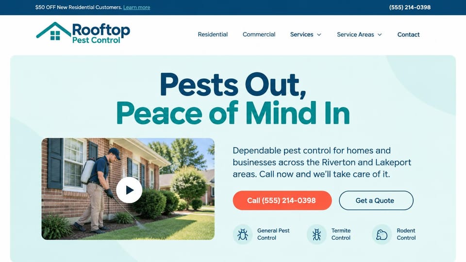 Pest control website design, residential and commercial pest control with a video: pale aqua rounded panel, a centered navy and teal headline, a video still of a technician spraying beside a house, a coral call button and service icons