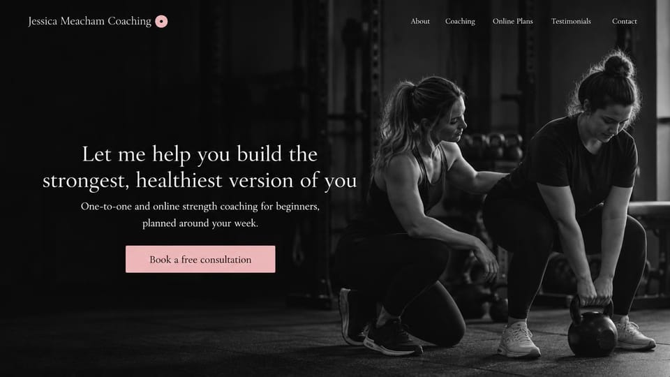 Personal trainer website design, gentle beginner coaching in monochrome and soft pink: black and white gym photo of a female coach guiding a woman's kettlebell deadlift, a centered white serif headline, a soft pink consultation button