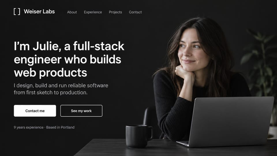 Developer portfolio website design, full-stack engineer in dark mode with a laptop photo: near-black page, a bold white headline, white contact and outlined work buttons and a dim photo of a woman with dark hair at a laptop