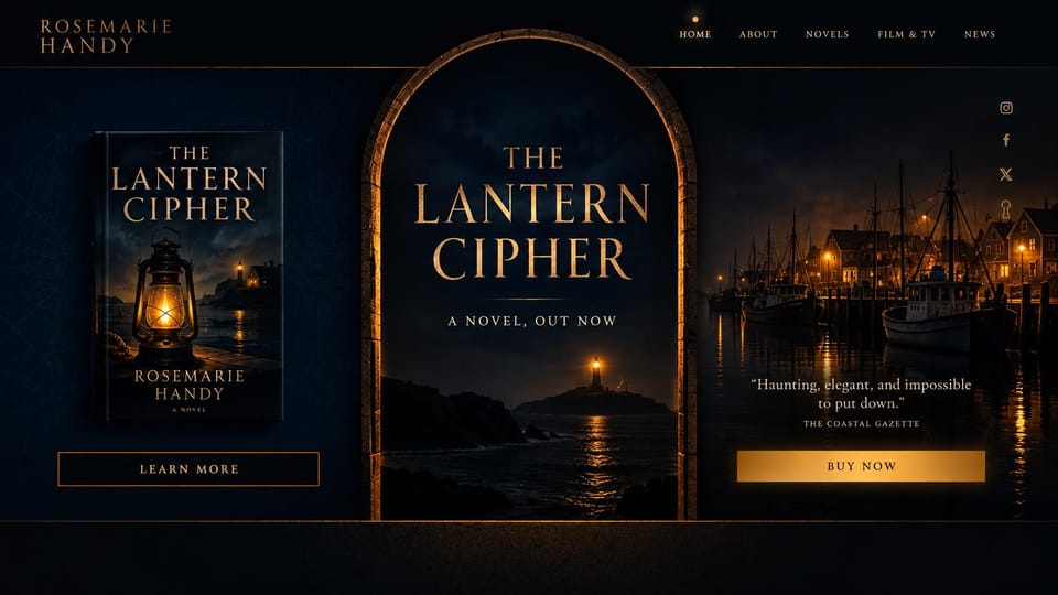 Author website design, single novel under a glowing arch: a night harbor in navy and gold, a lantern cover, an arched title panel and gold buttons