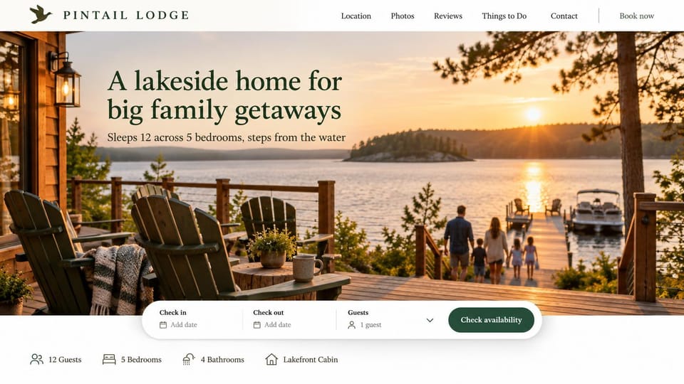 Vacation rental website design, lake house for big groups with a facts row: cream header, sunset photo of a lake deck with Adirondack chairs and a family walking to the dock, dark green serif headline, white booking bar with a green button, a row of house facts