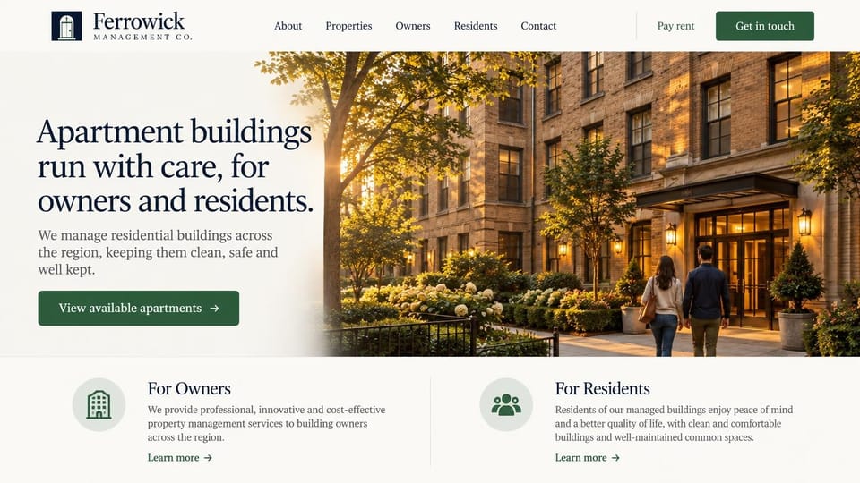 Property management website design, apartment buildings in evening light with owner and resident columns: warm white page, a navy door logo, a navy serif headline, a green apartments button, a couple walking into a lit brick building and two icon columns