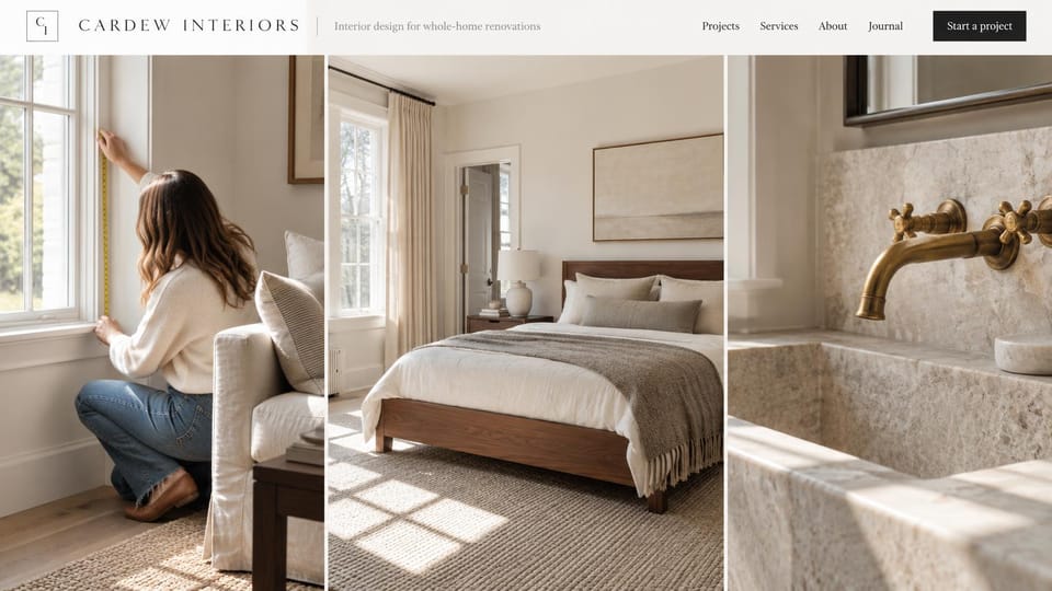 Interior design website design, whole-home renovations with the designer at work: three tall photos under a slim white bar: a designer measuring a window, a neutral bedroom and a stone sink with a brass tap