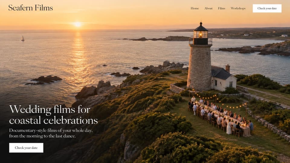 Videographer website design, wedding films with an aerial venue view: a stone lighthouse on a green headland at sunset with a long candlelit dinner table, a white serif headline at lower left and a white date button