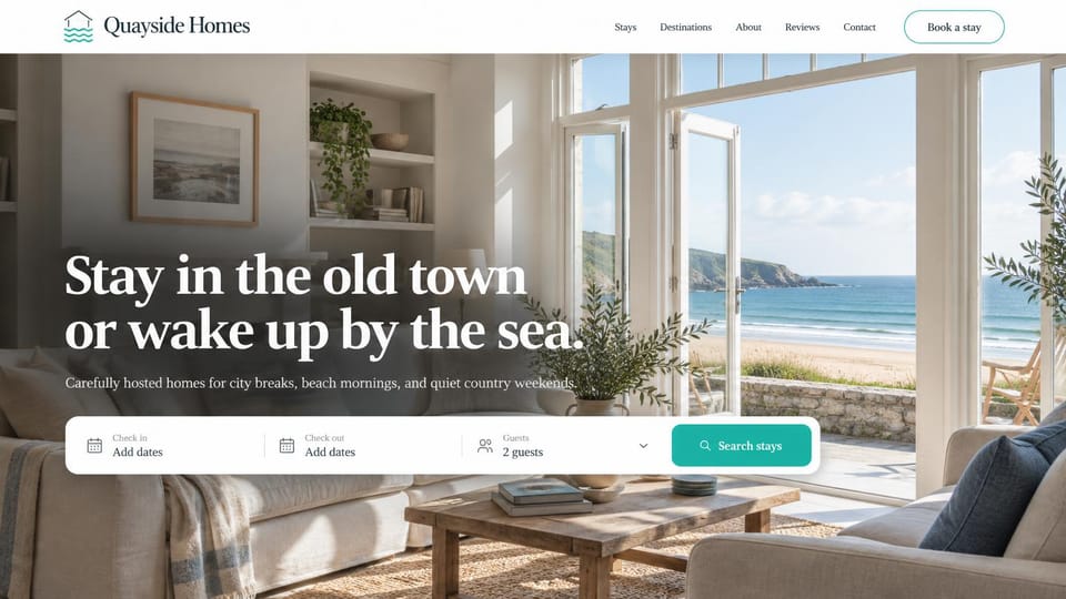 Vacation rental website design, town and seaside homes seen from inside: white header, a sunlit living room with French doors open to a beach, large white serif headline, white booking bar with a teal button