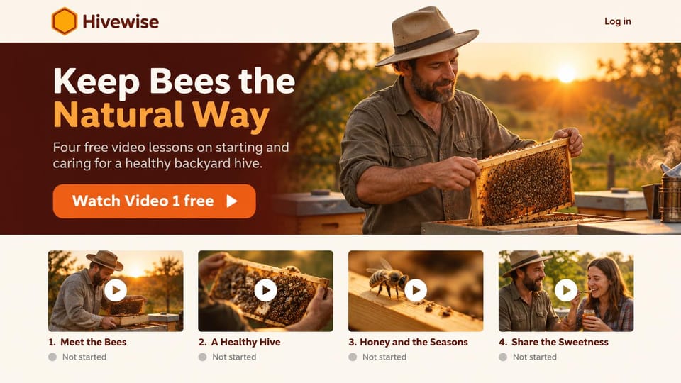 Landing page website design, free video series as a lead magnet: orange-tinted photo of a beekeeper holding a frame, bold headline, orange watch button and four video lesson cards