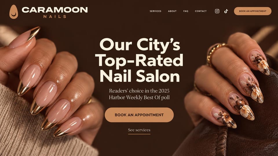 Nail salon website design, nail art close-ups framing the headline: dark brown page, a large cream headline between close-ups of almond nails with gold French tips and painted brown flowers, a tan button
