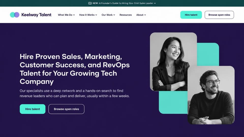 Recruiting website design, tech sales recruiting in purple and turquoise: white menu bar over a deep purple hero, a white headline, turquoise buttons and two black and white portraits on turquoise blocks