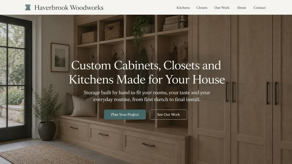 Carpentry website design, cabinets, closets and kitchens with a mudroom hero: pale header, a mudroom of oak built-ins with hooks and a bench under a soft dark overlay, a centered white serif headline and a teal button