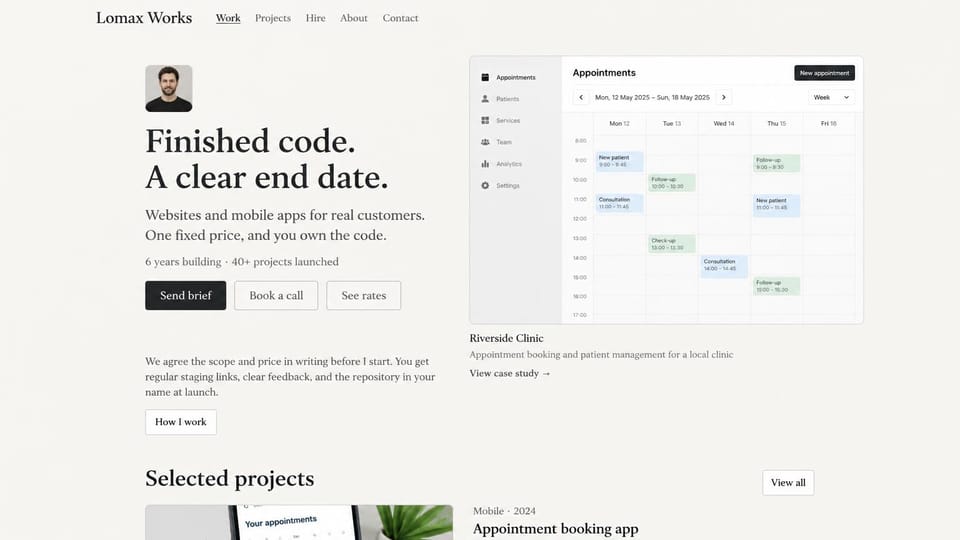 Developer portfolio website design, fixed-price web and app developer with a project screen: warm off-white page, a large black serif headline, a black send brief button, two outlined buttons, a small portrait and a clinic scheduling screen