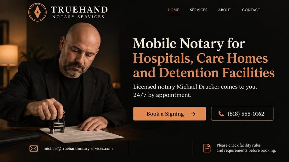 Notary website design, hospital and detention notary, dark with copper: black page, a cream and copper serif headline, a copper booking button, a bald notary stamping a document by lamplight