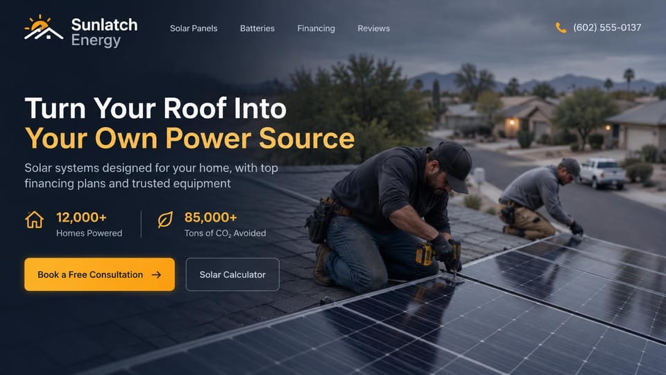 Solar website design, residential solar at dusk with install figures: dark dusk photo of two installers on a roof in a desert neighborhood, a white and gold headline, two figures and a gold button