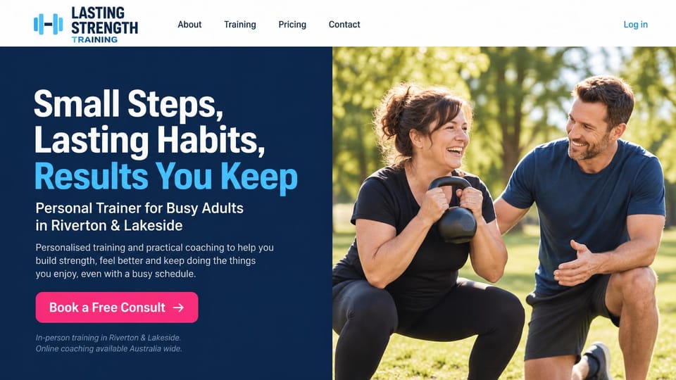 Personal trainer website design, habit-first training for busy adults in the park: white menu bar, a navy panel with a white and light blue headline and a pink consult button, a laughing woman doing a kettlebell squat in a park with her trainer