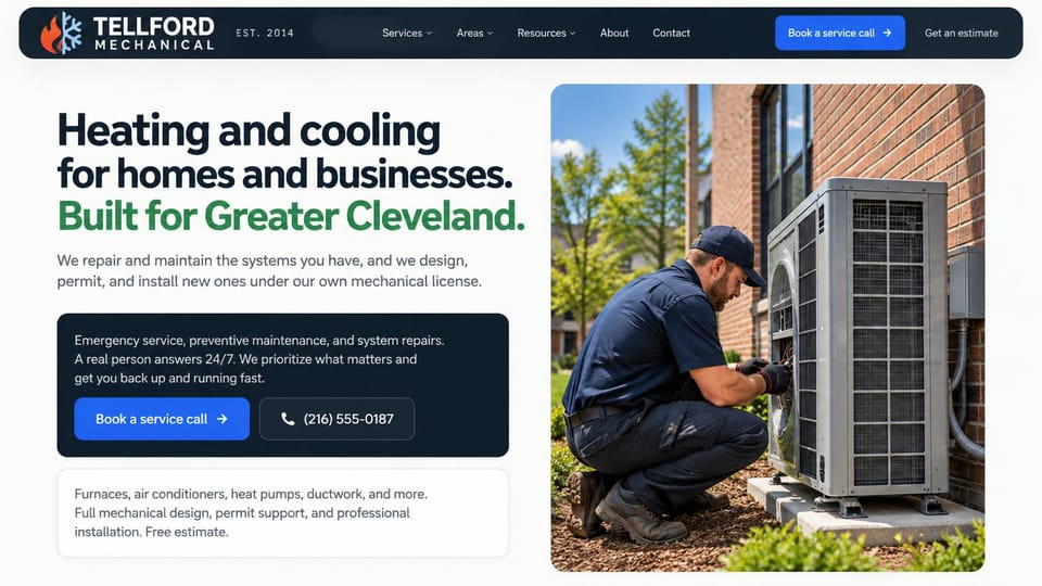 HVAC website design, mechanical contractor for homes and businesses: white page, a floating dark navy menu, a navy and green headline, a dark card with a blue button and an outlined phone button, a technician at a heat pump by a brick wall